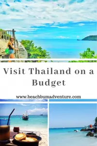 Pinterest Graphic for visiting Thailand on a Budget with photos of national parks and islands