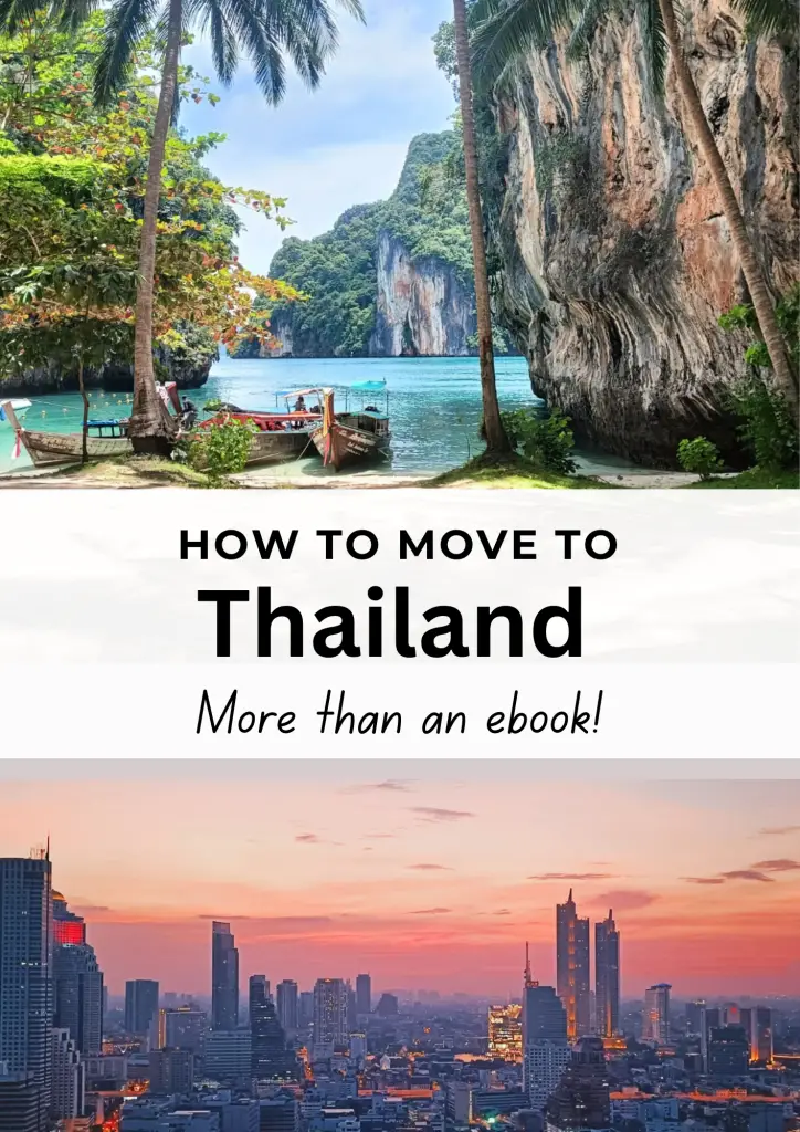 image of ebook called How to Move to Thailand and tagline more than an ebook. Title is in the middle of the book cover. the first part of the book cover is lao lading long tail boats and the second half is sunset over Bangkok with a pink and orange sky.