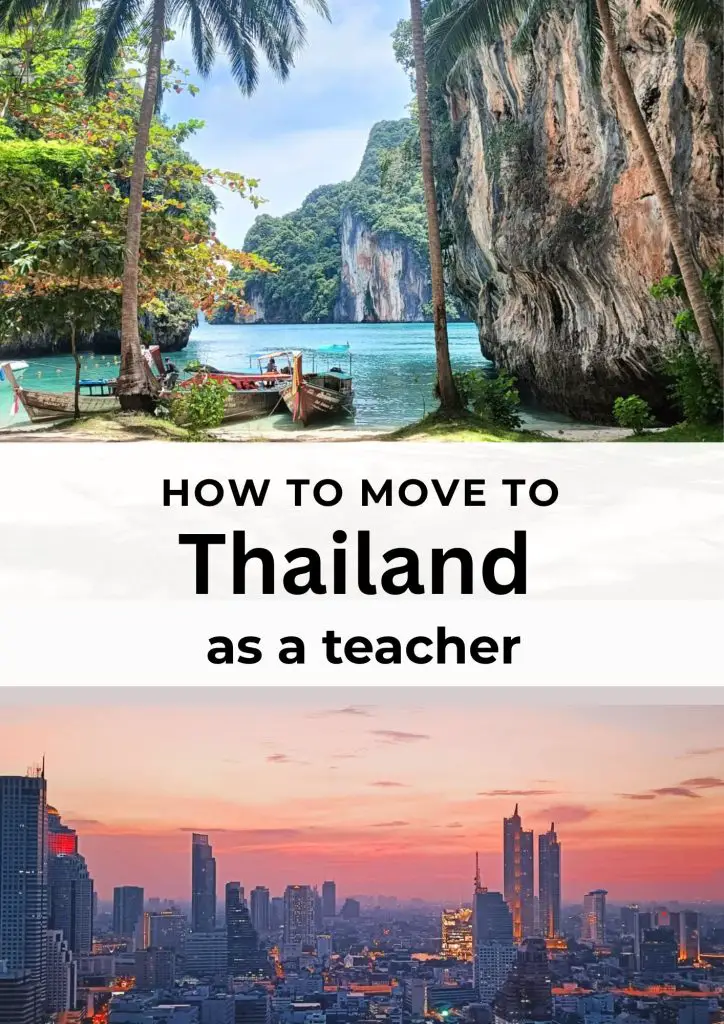 Front cover of our ebook showing island image in the top half of cover and Bangkok at sunset in the bottom half. In the middle it reads How to Move to Thailand as a teacher