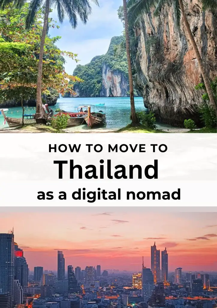 Book cover for How to Move to Thailand as a digital nomad. Top half is thailand landscape of longtail boat on island and bottom half is bangkok at sunset