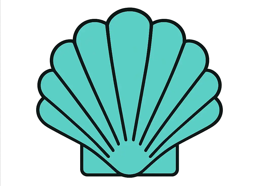 A cartoon stylised turquoise shell with black outline