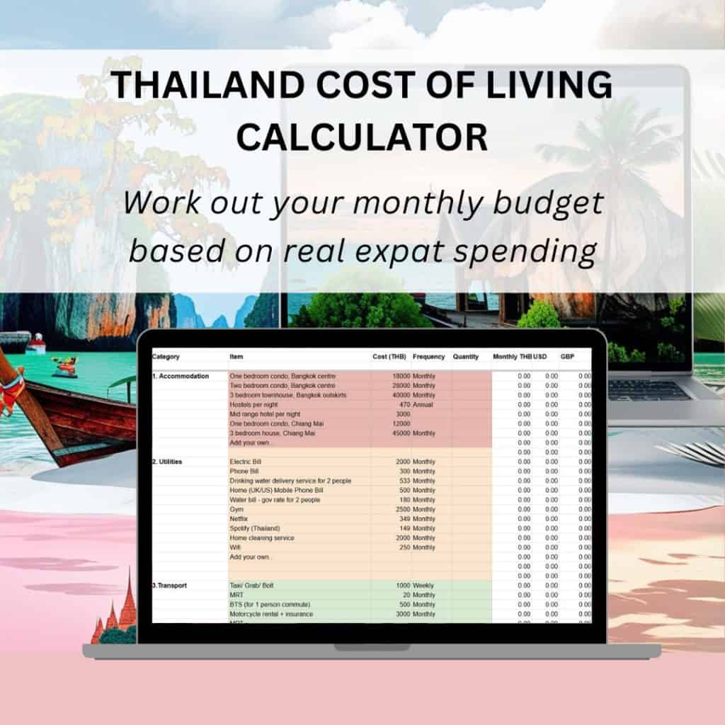 colourful page with longtail boats and a laptop mockup with a google sheets in the middle with numbers and color coded sections. the top reads thailand cost of living calculator. work out your monthly budget based on real expat spending