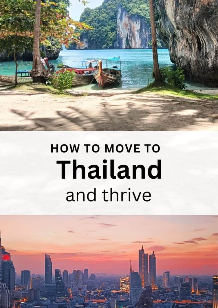 picture of our how to move to thailand and thrive book - cover shows longtail boats by the beach, title and bangkok skyline at sunset